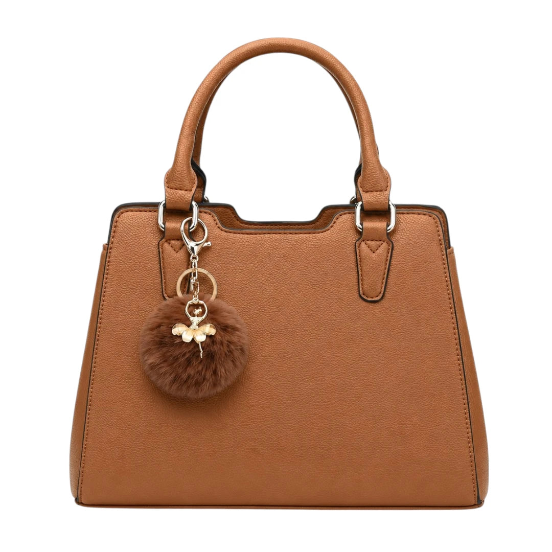 Vylos Premium Brown Leather Handbag With Fluffy Charm