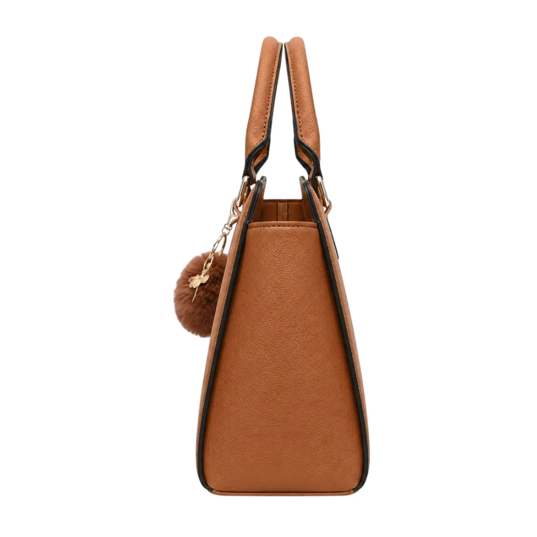 Vylos Premium Brown Leather Handbag With Fluffy Charm