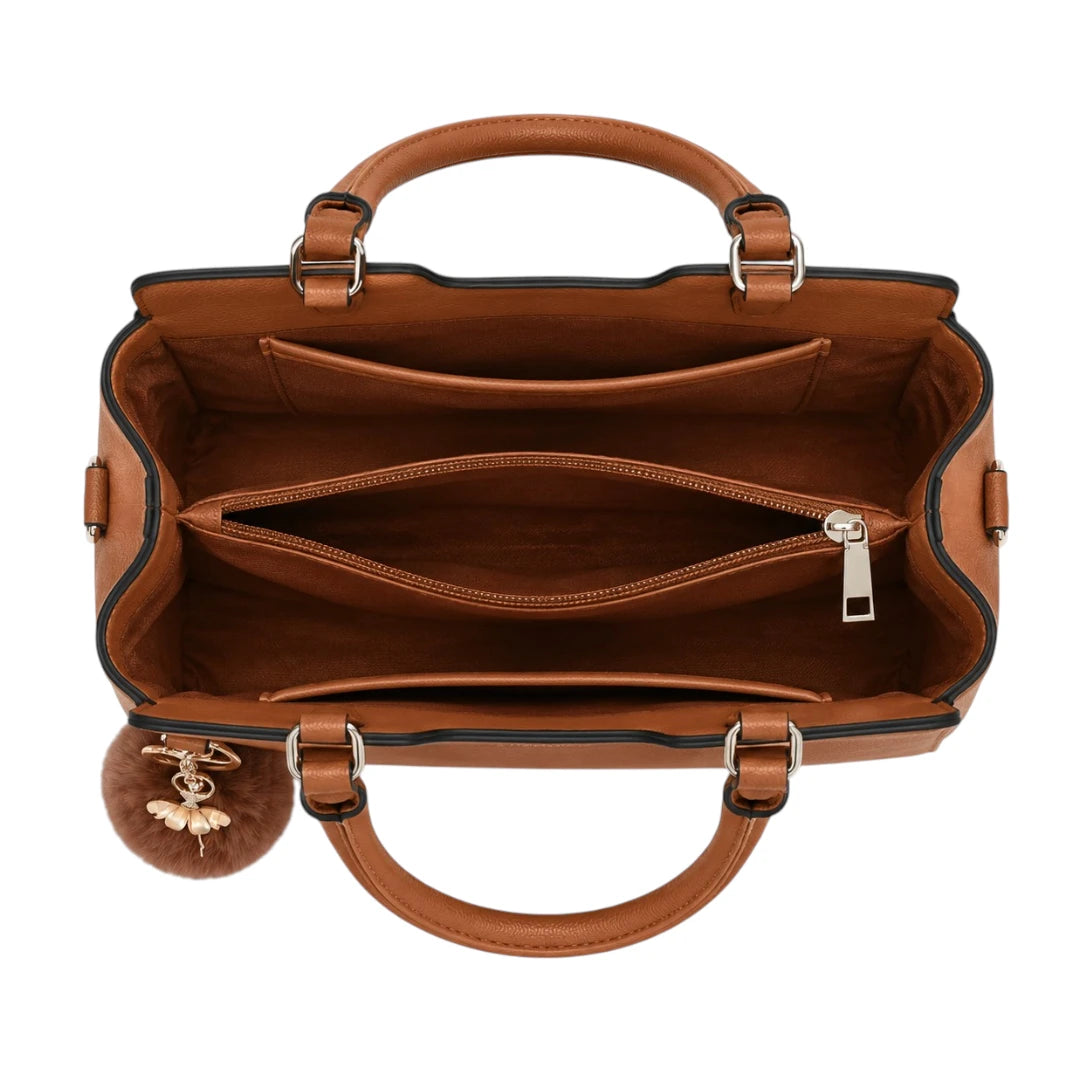 Vylos Premium Brown Leather Handbag With Fluffy Charm