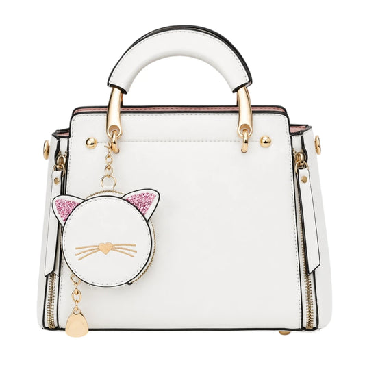 Vylos Premium White Leather Handbag With Cat Charm